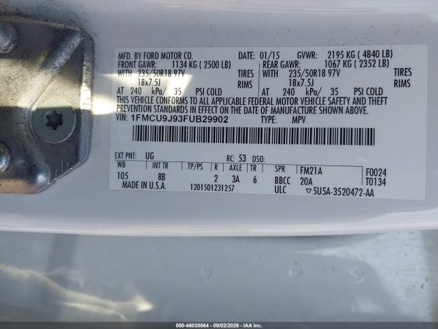Продаж на аукціоні авто 2015 Ford Escape Titanium, vin: 1FMCU9J93FUB29902, номер лоту: 46030564