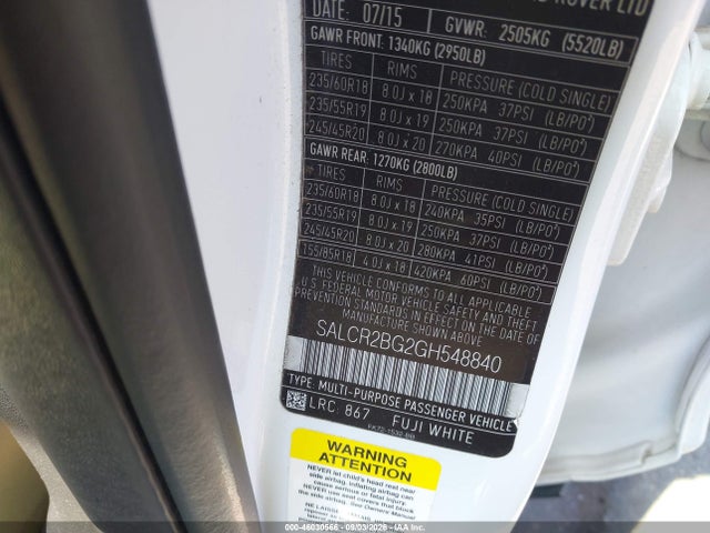 2016 Land Rover Discovery Sport Hse მანქანა იყიდება აუქციონზე, vin: SALCR2BG2GH548840, აუქციონის ნომერი: 46030566