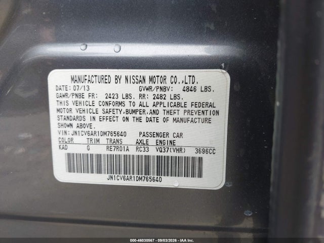 2013 Infiniti G37x მანქანა იყიდება აუქციონზე, vin: JN1CV6AR1DM765640, აუქციონის ნომერი: 46030567
