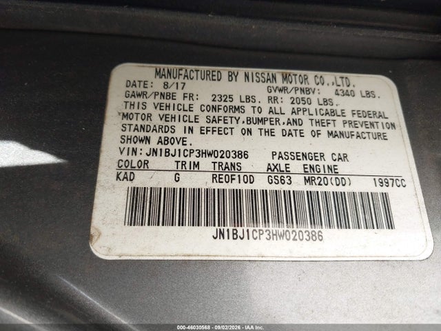 46030568 :رقم المزاد ، JN1BJ1CP3HW020386 vin ، 2017 Nissan Rogue Sport S مزاد بيع
