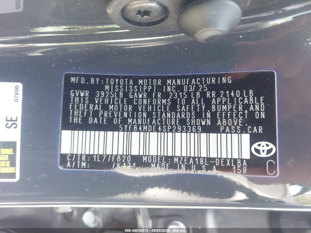 Продаж на аукціоні авто 2025 Toyota Corolla Le, vin: 5YFB4MDE4SP293369, номер лоту: 46030572