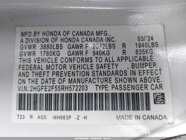 Продаж на аукціоні авто 2024 Honda Civic Sport, vin: 2HGFE2F55RH572203, номер лоту: 46030585