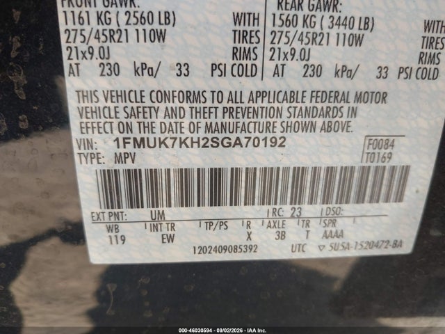 46030594 :رقم المزاد ، 1FMUK7KH2SGA70192 vin ، 2025 Ford Explorer St-line مزاد بيع