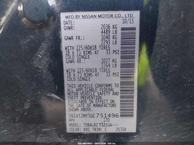 2016 Nissan Rogue Sl მანქანა იყიდება აუქციონზე, vin: 5N1AT2MT5GC751496, აუქციონის ნომერი: 46030603