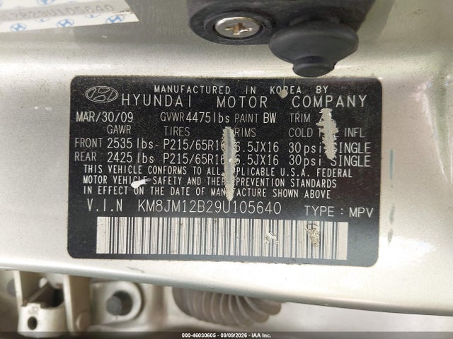 2009 Hyundai Tucson Gls მანქანა იყიდება აუქციონზე, vin: KM8JM12B29U105640, აუქციონის ნომერი: 46030605