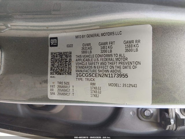 2022 Chevrolet Colorado 2wd  Short Box Lt მანქანა იყიდება აუქციონზე, vin: 1GCGSCEN2N1173955, აუქციონის ნომერი: 46030618