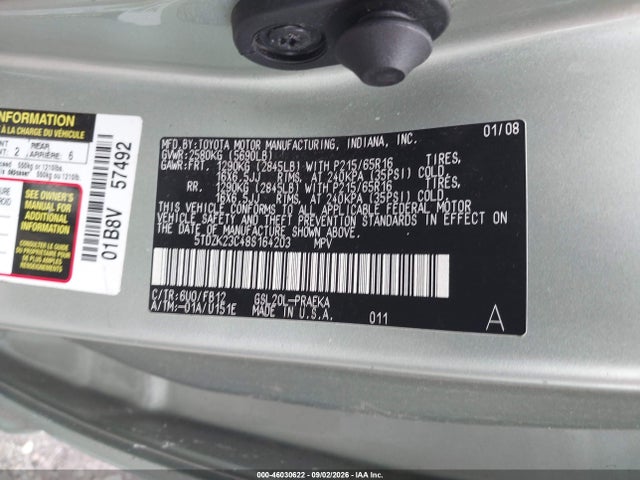 Продажа на аукционе авто 2008 Toyota Sienna Ce, vin: 5TDZK23C48S164203, номер лота: 46030622