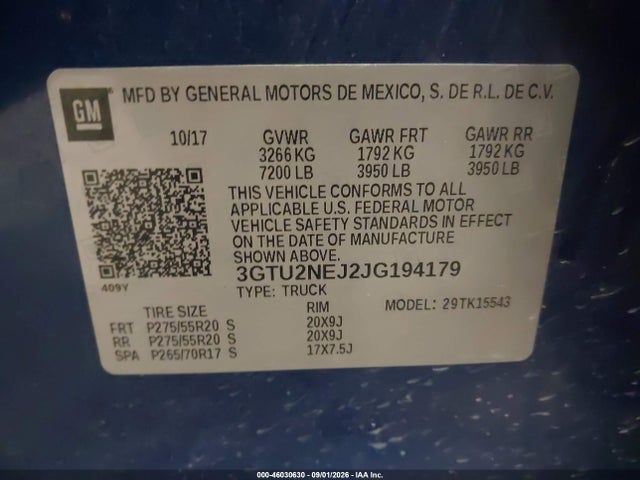 Aukcja sprzedaży 2018 Gmc Sierra 1500 Slt, vin: 3GTU2NEJ2JG194179, numer aukcji: 46030630
