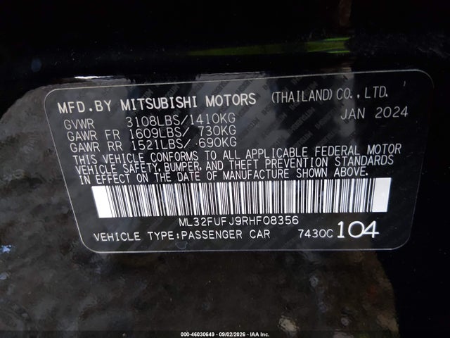 2024 Mitsubishi Mirage G4 Black Edition/es/le მანქანა იყიდება აუქციონზე, vin: ML32FUFJ9RHF08356, აუქციონის ნომერი: 46030649