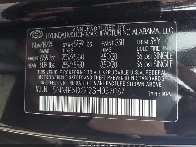 2025 Hyundai Santa Fe Hybrid Calligraphy მანქანა იყიდება აუქციონზე, vin: 5NMP5DG12SH032067, აუქციონის ნომერი: 46030653