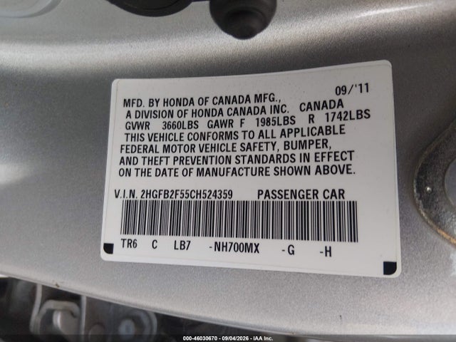 Продажа на аукционе авто 2012 Honda Civic Lx, vin: 2HGFB2F55CH524359, номер лота: 46030670