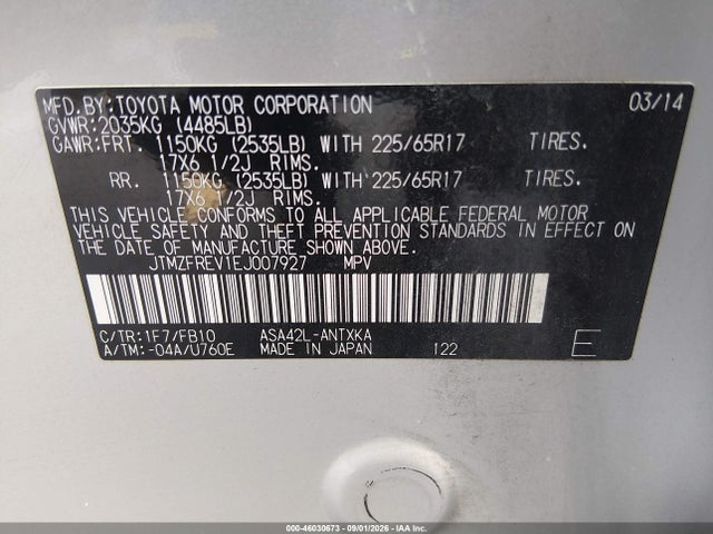 Продаж на аукціоні авто 2014 Toyota Rav4 Le, vin: JTMZFREV1EJ007927, номер лоту: 46030673