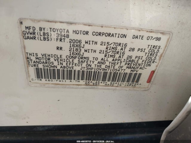 46030703 :رقم المزاد ، JT3HP10V9W7105477 vin ، 1998 Toyota Rav4 مزاد بيع