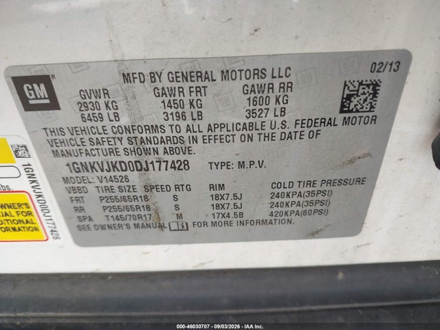 Auction sale of the 2013 Chevrolet Traverse 2lt, vin: 1GNKVJKD0DJ177428, lot number: 46030707