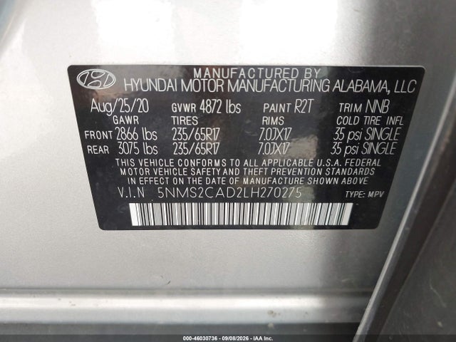 Продажа на аукционе авто 2020 Hyundai Santa Fe Se, vin: 5NMS2CAD2LH270275, номер лота: 46030736