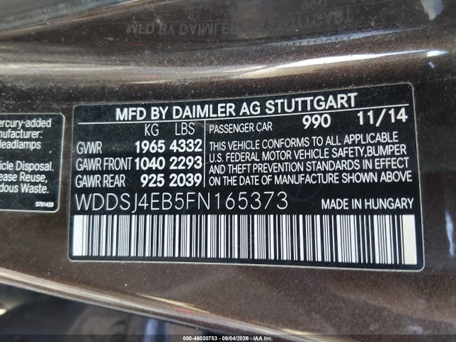 46030753 :رقم المزاد ، WDDSJ4EB5FN165373 vin ، 2015 Mercedes-benz Cla 250 مزاد بيع