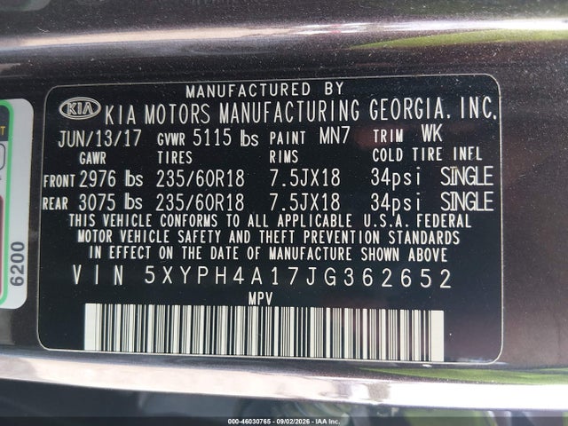 46030765 :رقم المزاد ، 5XYPH4A17JG362652 vin ، 2018 Kia Sorento 2.0t Ex مزاد بيع
