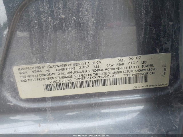 Aukcja sprzedaży 2007 Volkswagen Jetta Wolfsburg Edition, vin: 3VWEF71KX7M192724, numer aukcji: 46030774