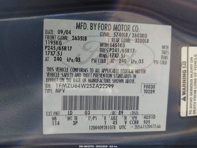 46030792 :رقم المزاد ، 1FMZU64W25ZA22299 vin ، 2005 Ford Explorer Eddie Bauer مزاد بيع