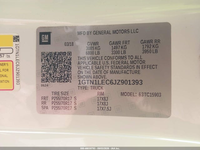 Aukcja sprzedaży 2018 Gmc Sierra 1500, vin: 1GTN1LEC6JZ901393, numer aukcji: 46030793