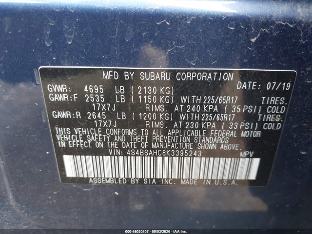 Subaru Outback 2.5i Premium 2019 4S4BSAHC8K3395243 Image 9