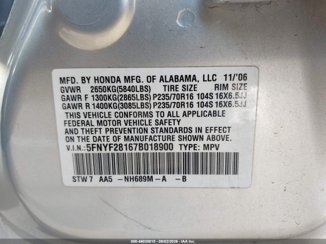 Продажа на аукционе авто 2007 Honda Pilot Lx, vin: 5FNYF28167B018900, номер лота: 46030810
