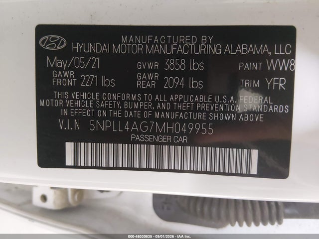 Aukcja sprzedaży 2021 Hyundai Elantra Se, vin: 5NPLL4AG7MH049955, numer aukcji: 46030835