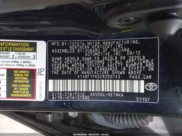 2012 Toyota Camry Le მანქანა იყიდება აუქციონზე, vin: 4T4BF1FK5CR250743, აუქციონის ნომერი: 46030846