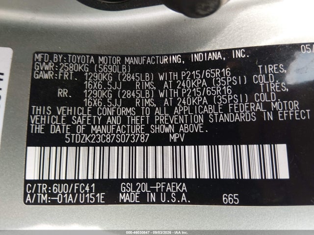 2007 Toyota Sienna Le მანქანა იყიდება აუქციონზე, vin: 5TDZK23C87S073787, აუქციონის ნომერი: 46030847