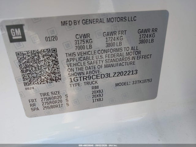 46030848 :رقم المزاد ، 1GTR9CED3LZ202213 vin ، 2020 Gmc Sierra 1500 4wd  Standard Box Elevation مزاد بيع
