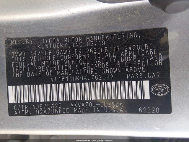 Aukcja sprzedaży 2019 Toyota Camry Se, vin: 4T1B11HK0KU762592, numer aukcji: 46030855