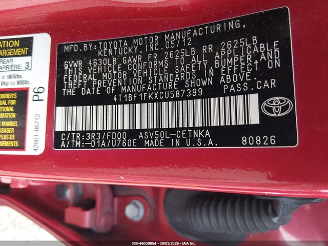 Aukcja sprzedaży 2012 Toyota Camry Le, vin: 4T1BF1FKXCU587399, numer aukcji: 46030854