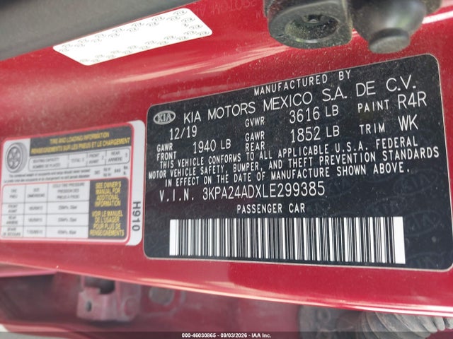 2020 Kia Rio S მანქანა იყიდება აუქციონზე, vin: 3KPA24ADXLE299385, აუქციონის ნომერი: 46030865