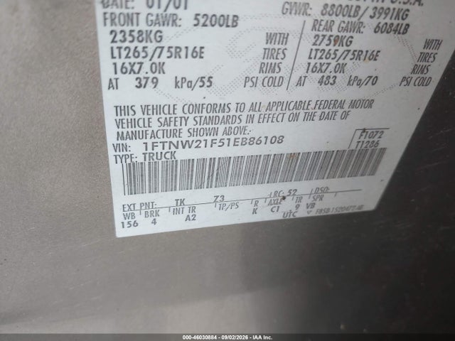 46030884 :رقم المزاد ، 1FTNW21F51EB86108 vin ، 2001 Ford F-250 Lariat/xl/xlt مزاد بيع