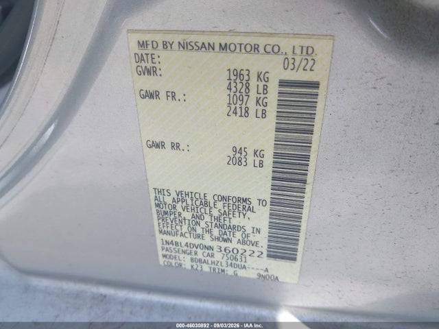 46030892 :رقم المزاد ، 1N4BL4DV0NN360222 vin ، 2022 Nissan Altima Sv Fwd مزاد بيع