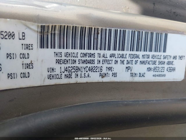 Aukcja sprzedaży 2000 Jeep Grand Cherokee Limited, vin: 1J4G258N1YC402216, numer aukcji: 46030899