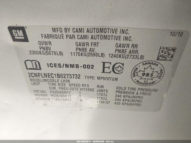 2011 Chevrolet Equinox Lt მანქანა იყიდება აუქციონზე, vin: 2CNFLNEC1B6273732, აუქციონის ნომერი: 46030911