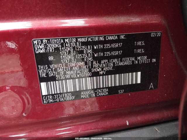 Aukcja sprzedaży 2020 Toyota Rav4 Le, vin: 2T3G1RFV0LW107990, numer aukcji: 46030922