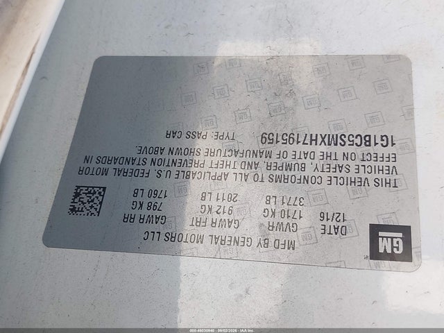 46030940 :رقم المزاد ، 1G1BC5SMXH7195159 vin ، 2017 Chevrolet Cruze Ls Auto مزاد بيع