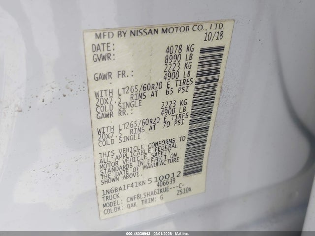 2019 Nissan Titan Xd Sv Diesel მანქანა იყიდება აუქციონზე, vin: 1N6BA1F41KN510012, აუქციონის ნომერი: 46030943