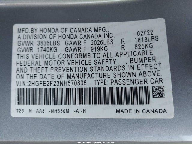 2022 Honda Civic Lx მანქანა იყიდება აუქციონზე, vin: 2HGFE2F23NH570806, აუქციონის ნომერი: 46030955