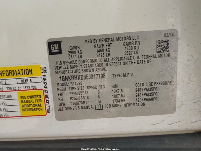46030956 :رقم المزاد ، 1GNKRHKD8EJ317708 vin ، 2014 Chevrolet Traverse 2lt مزاد بيع