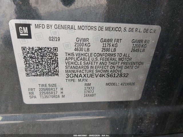 Aukcja sprzedaży 2019 Chevrolet Equinox Lt, vin: 3GNAXUEV4KS612832, numer aukcji: 46030961