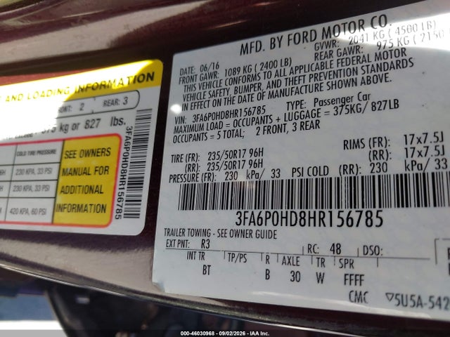 2017 Ford Fusion Se მანქანა იყიდება აუქციონზე, vin: 3FA6P0HD8HR156785, აუქციონის ნომერი: 46030968