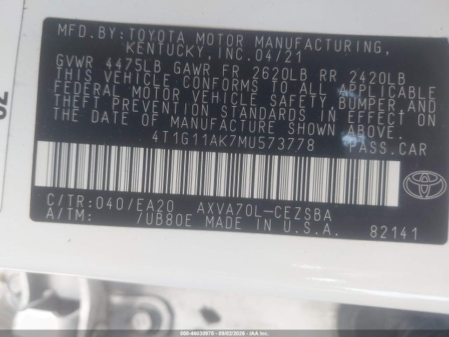 Aukcja sprzedaży 2021 Toyota Camry Se, vin: 4T1G11AK7MU573778, numer aukcji: 46030970