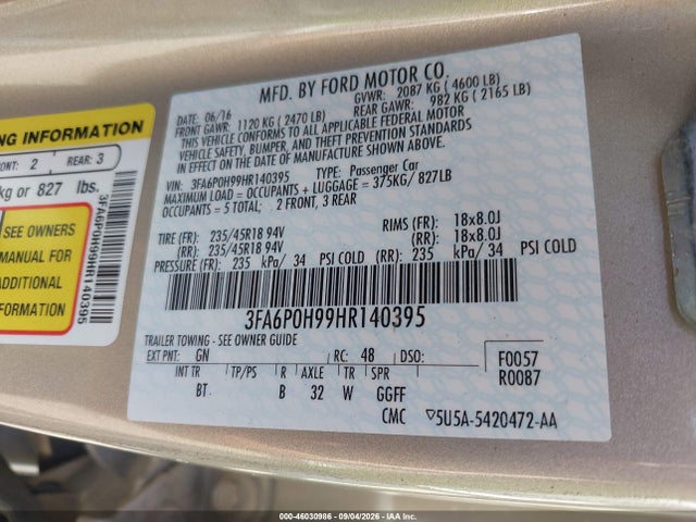 Aukcja sprzedaży 2017 Ford Fusion Se, vin: 3FA6P0H99HR140395, numer aukcji: 46030986