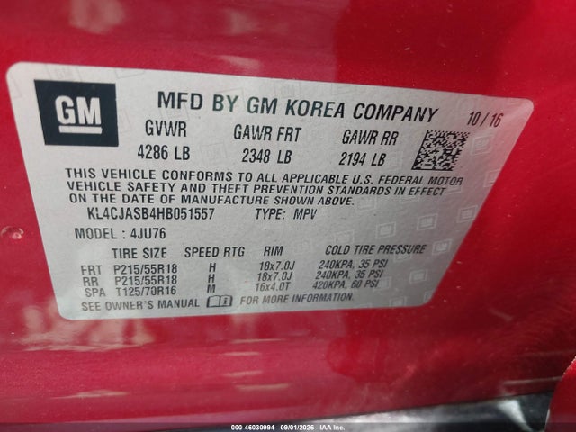 46030994 :رقم المزاد ، KL4CJASB4HB051557 vin ، 2017 Buick Encore Preferred مزاد بيع