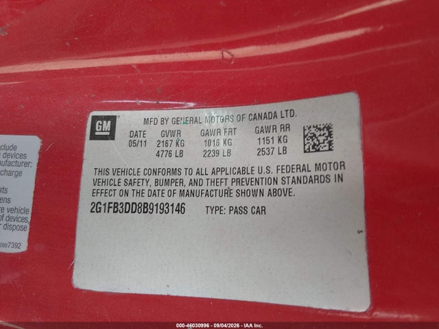 Продажа на аукционе авто 2011 Chevrolet Camaro 1lt, vin: 2G1FB3DD8B9193146, номер лота: 46030996