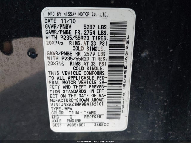 Продаж на аукціоні авто 2011 Nissan Murano Le, vin: JN8AZ1MW9BW162101, номер лоту: 46030999