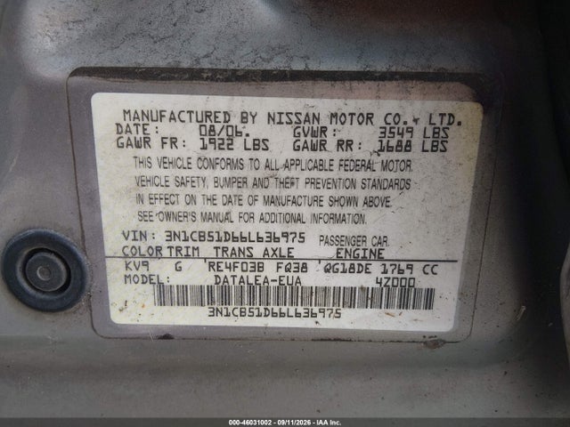 Продажа на аукционе авто 2006 Nissan Sentra 1.8s, vin: 3N1CB51D66L636975, номер лота: 46031002